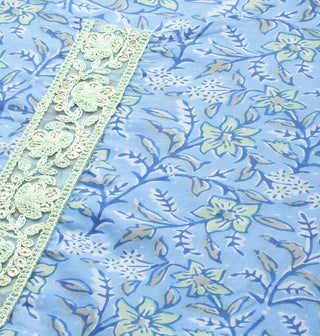 Blue & White Pure Cotton Printed Suit Set with Voile Dupatta