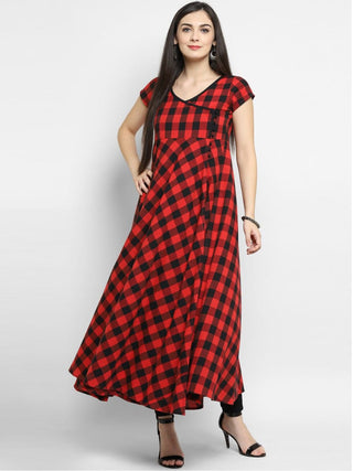 Readymade Red & Black Checked Print Long Kurta - Ria Fashions