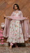 White Chanderi Floral Print Anarkali Suit Set - Ria Fashions