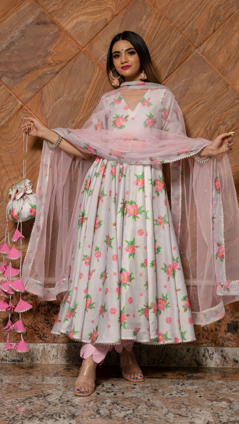 White Chanderi Floral Print Anarkali Suit Set - Ria Fashions