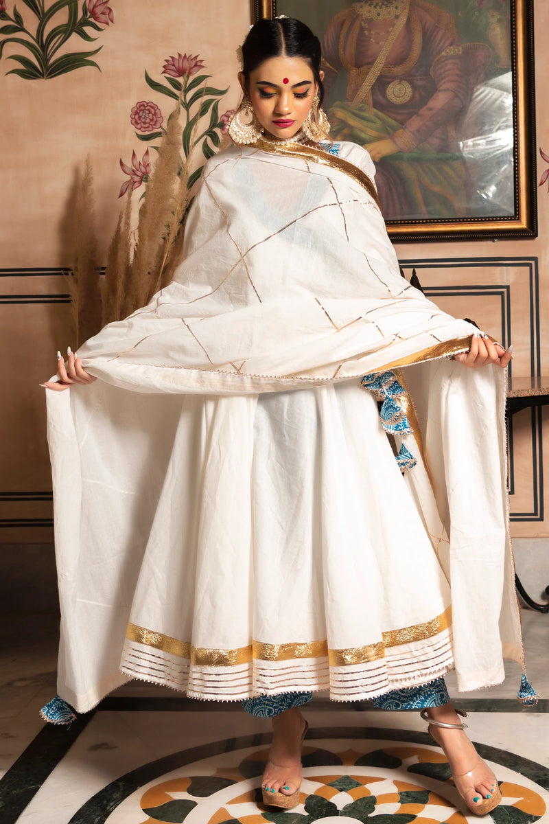 White Cotton Angrakha Anarkali Suit Set - Ria Fashions