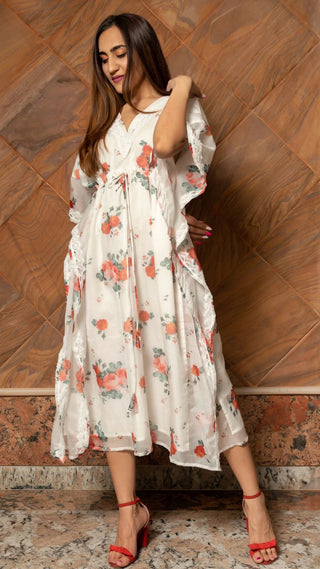 Organza White & Red Kaftan Style Printed Dress - Ria Fashions