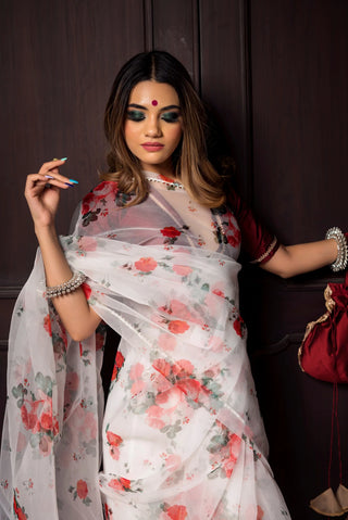 Red & White Organza Printed Saree with Taffeta Silk Blouse - Ria Fashions