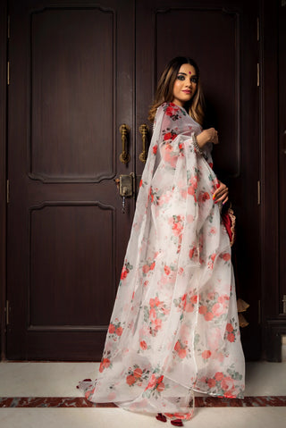 Red & White Organza Printed Saree with Taffeta Silk Blouse - Ria Fashions