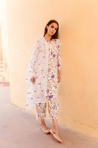 Cotton White Printed Suit Set with Doriya Dupatta