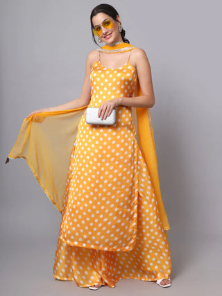 Yellow Satin Georgette Polka Dot Suit Set with Chiffon Dupatta
