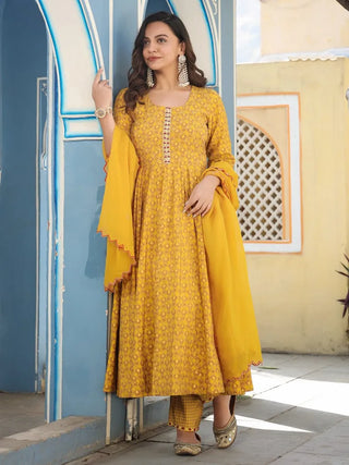 Yellow Chanderi Printed Anarkali Suit Set with Organza Dupatta