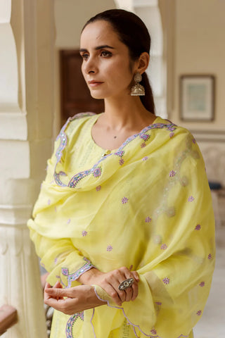 Yellow Silk Blend Embroidered Suit Set with Organza Dupatta