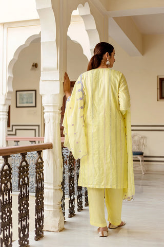 Yellow Silk Blend Embroidered Suit Set with Organza Dupatta