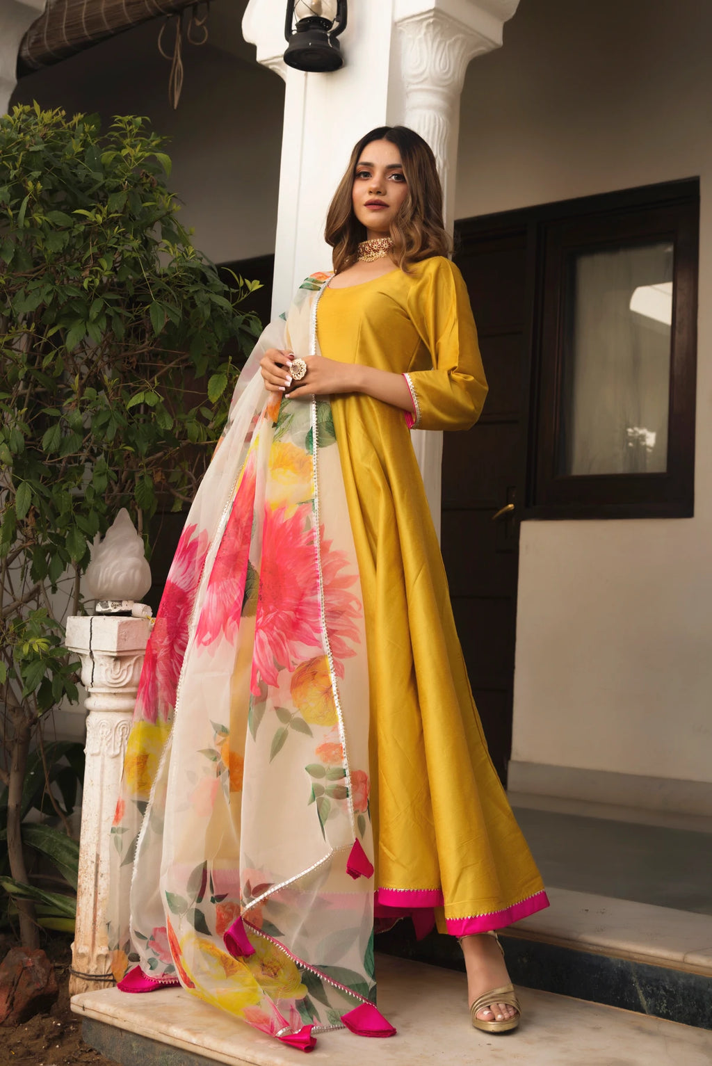 Cotton Solid Yellow Anarkali Suit Set with Printed Dupatta - Ria Fashions