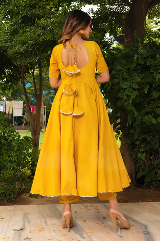 Yellow Solid Cotton Anarkali Suit Set with Printed Dupatta - Ria Fashions