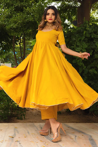 Yellow Solid Cotton Anarkali Suit Set with Printed Dupatta