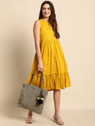 Yellow Cotton Sleeveless A line Dress - Ria Fashions