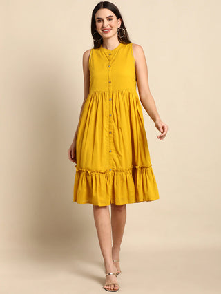 Yellow Cotton Sleeveless A line Dress - Ria Fashions