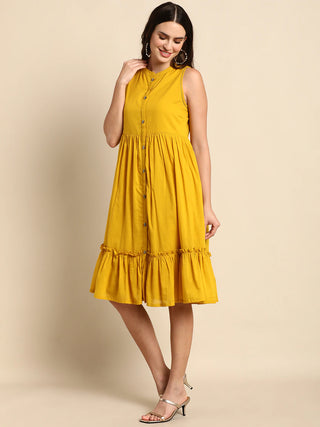 Yellow Cotton Sleeveless A line Dress - Ria Fashions