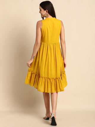 Yellow Cotton Sleeveless A line Dress - Ria Fashions