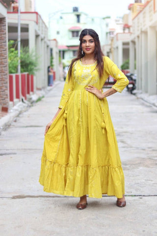 Cotton Yellow Anarkali Style Embroidered Gown - Ria Fashions
