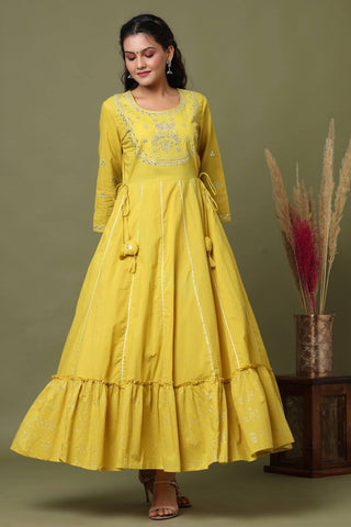 Cotton Yellow Anarkali Style Embroidered Gown - Ria Fashions