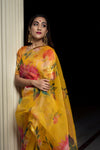 Yellow Printed Organza Saree with Tafetta Blouse - Ria Fashions
