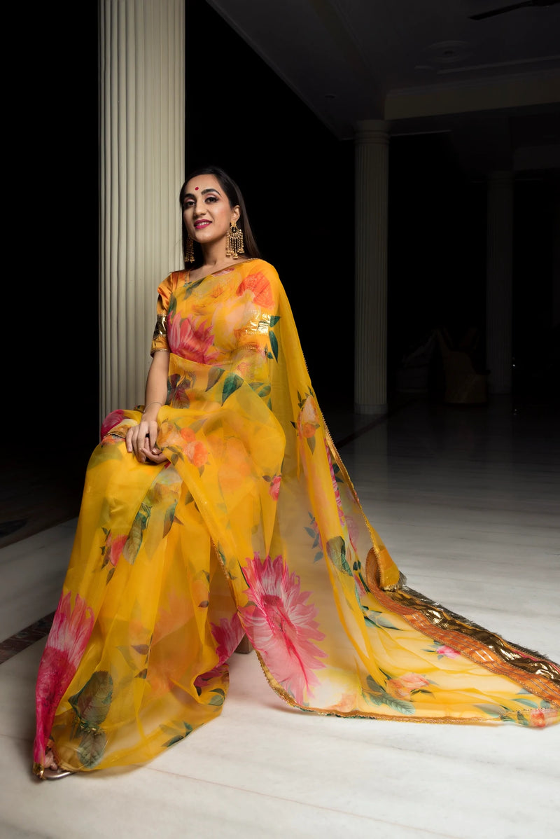 Yellow Printed Organza Saree with Tafetta Blouse - Ria Fashions