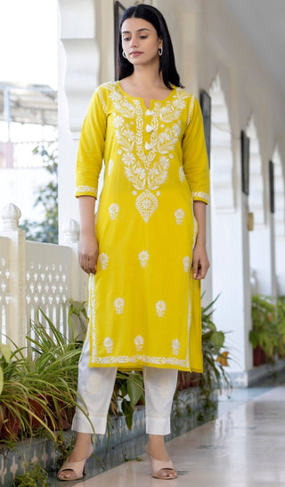 Cotton Yellow Embroidered Chikankari Suit Set - Ria Fashions