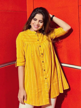 Cotton Yellow Flared Printed Tunic