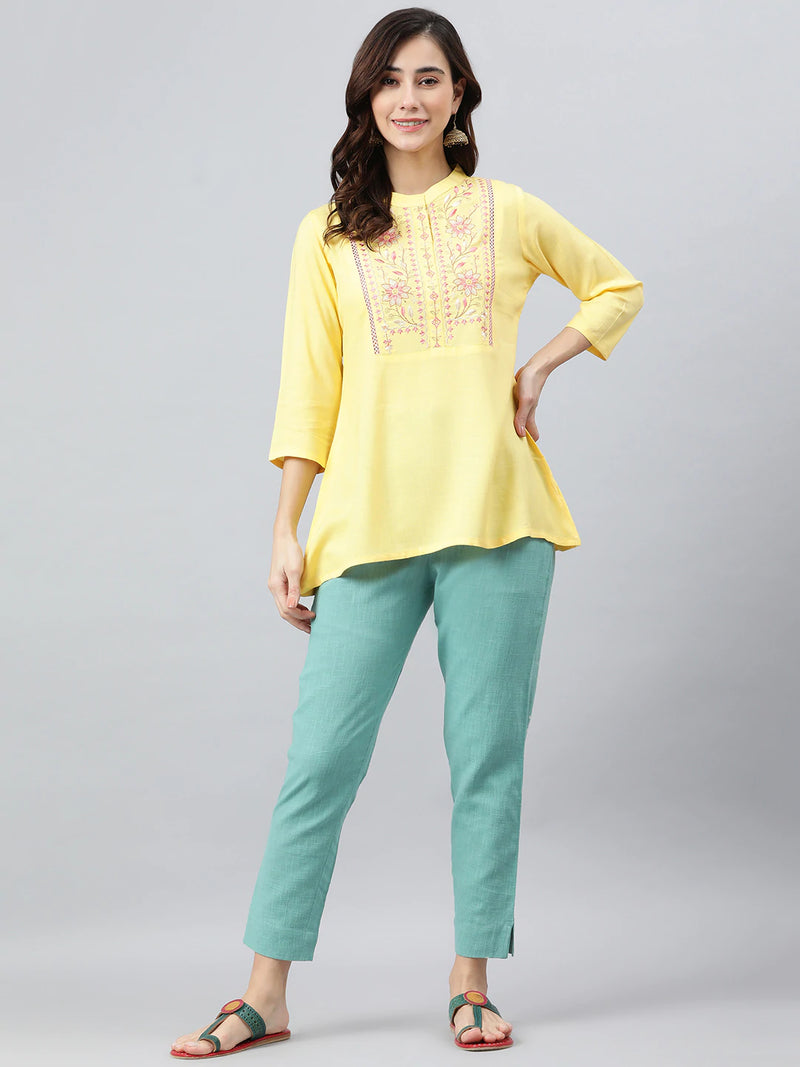 Rayon Yellow Embroidered Top/Tunic - Ria Fashions