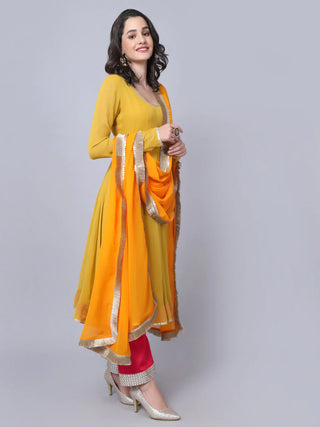 Solid Yellow & Pink Georgette Anarkali Suit Set with Dupatta