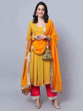 Solid Yellow & Pink Georgette Anarkali Suit Set with Dupatta