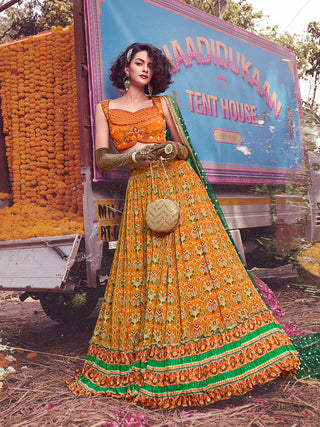 Yellow Chinon & Art Silk Heavy Embroidered Lehenga Choli Set with Dupatta