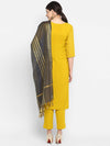 Mustard Poly Silk Gold Print Suit Set with Black Dupatta
