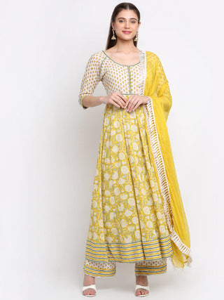 Cotton Yellow Printed Anarkali Suit with Chiffon Dupatta - Ria Fashions