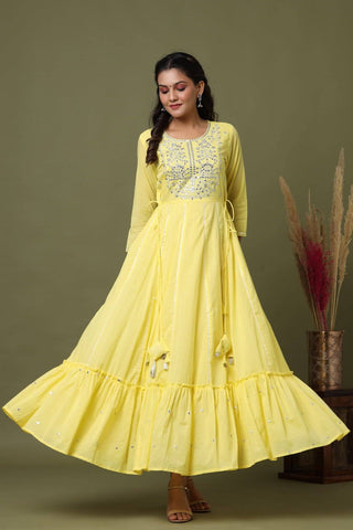 Cotton Yellow Mirror Embroidered Gown - Ria Fashions