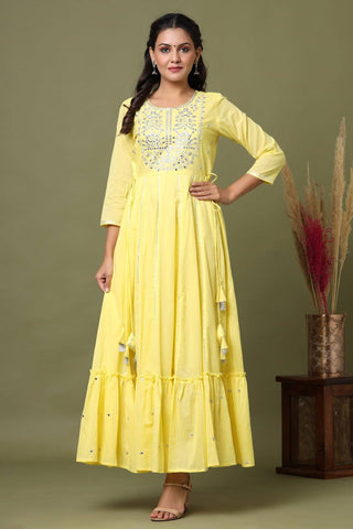 Cotton Yellow Mirror Embroidered Gown - Ria Fashions