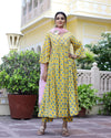 Cotton Yellow Hand Block Print Anarkali Kurta Set - Ria Fashions