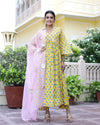 Cotton Yellow Hand Block Print Anarkali Kurta Set - Ria Fashions