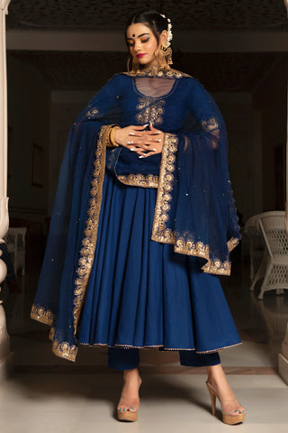 Blue Cotton Anarkali Suit Set