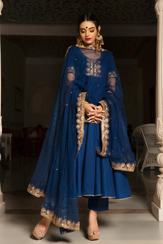 Blue Cotton Anarkali Suit Set