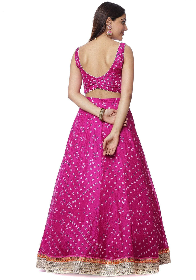 Fuchsia Pink Bandhani Silk Lehenga Choli With Orange Bandhani Silk Dupatta - Ria Fashions