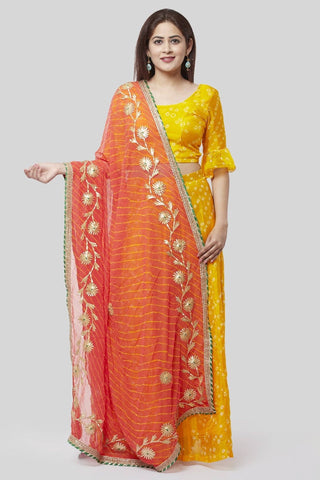 Yellow Bandhej Ruffle Silk Lehenga Choli with Peach Gotta Embroidered Georgette Dupatta - Ria Fashions