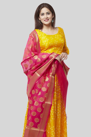 Yellow Bandhej Ruffle Silk Lehenga Choli with Pink Banarsi Dupatta - Ria Fashions