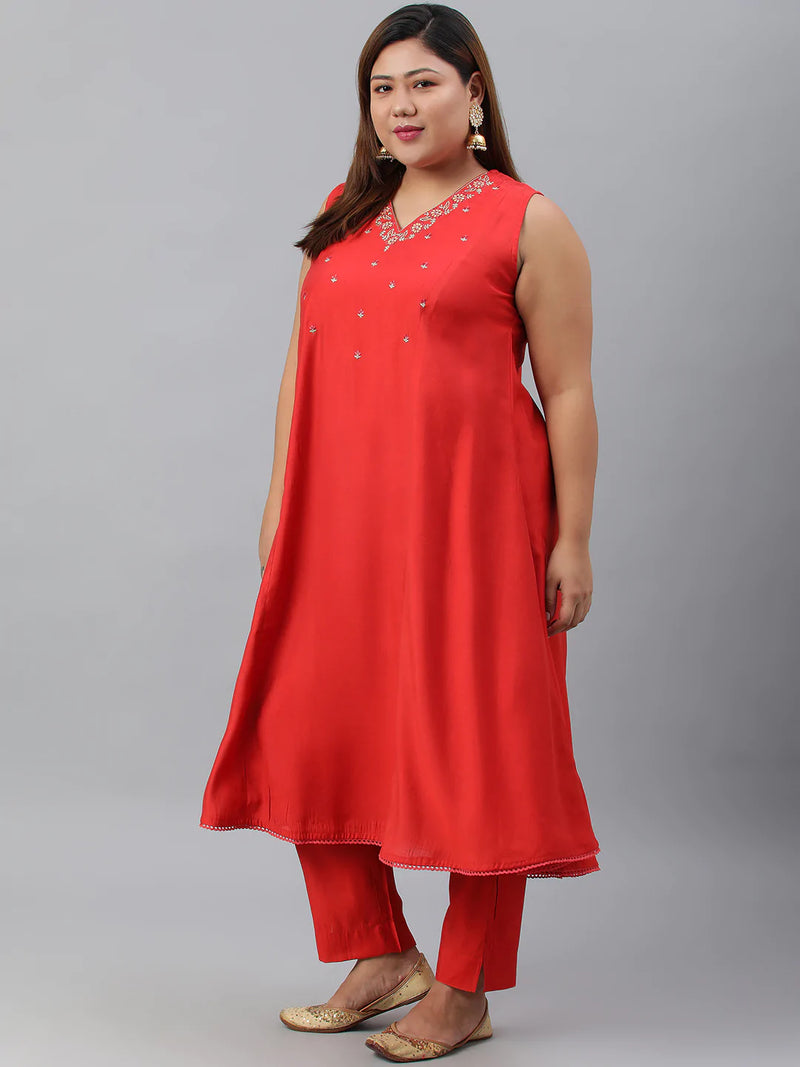 Red Art Silk Embellished Kurta Pant Set