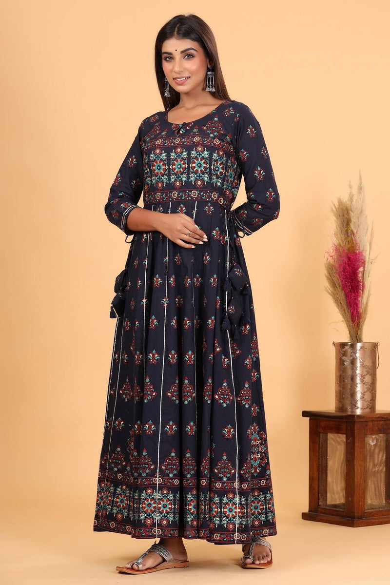 Cotton Blue Embroidered Anarkali Style Gown - Ria Fashions