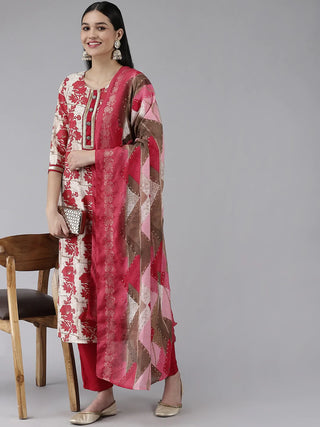 Beige & Pink Muslin Floral Print Kurta Dupatta Set with Muslin Bottom