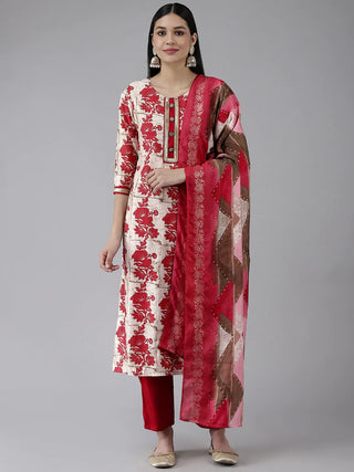 Beige & Pink Muslin Floral Print Kurta Dupatta Set with Muslin Bottom