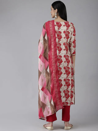 Beige & Pink Muslin Floral Print Kurta Dupatta Set with Muslin Bottom