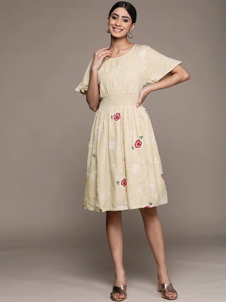 Beige Cotton Flared Embroidered Dress