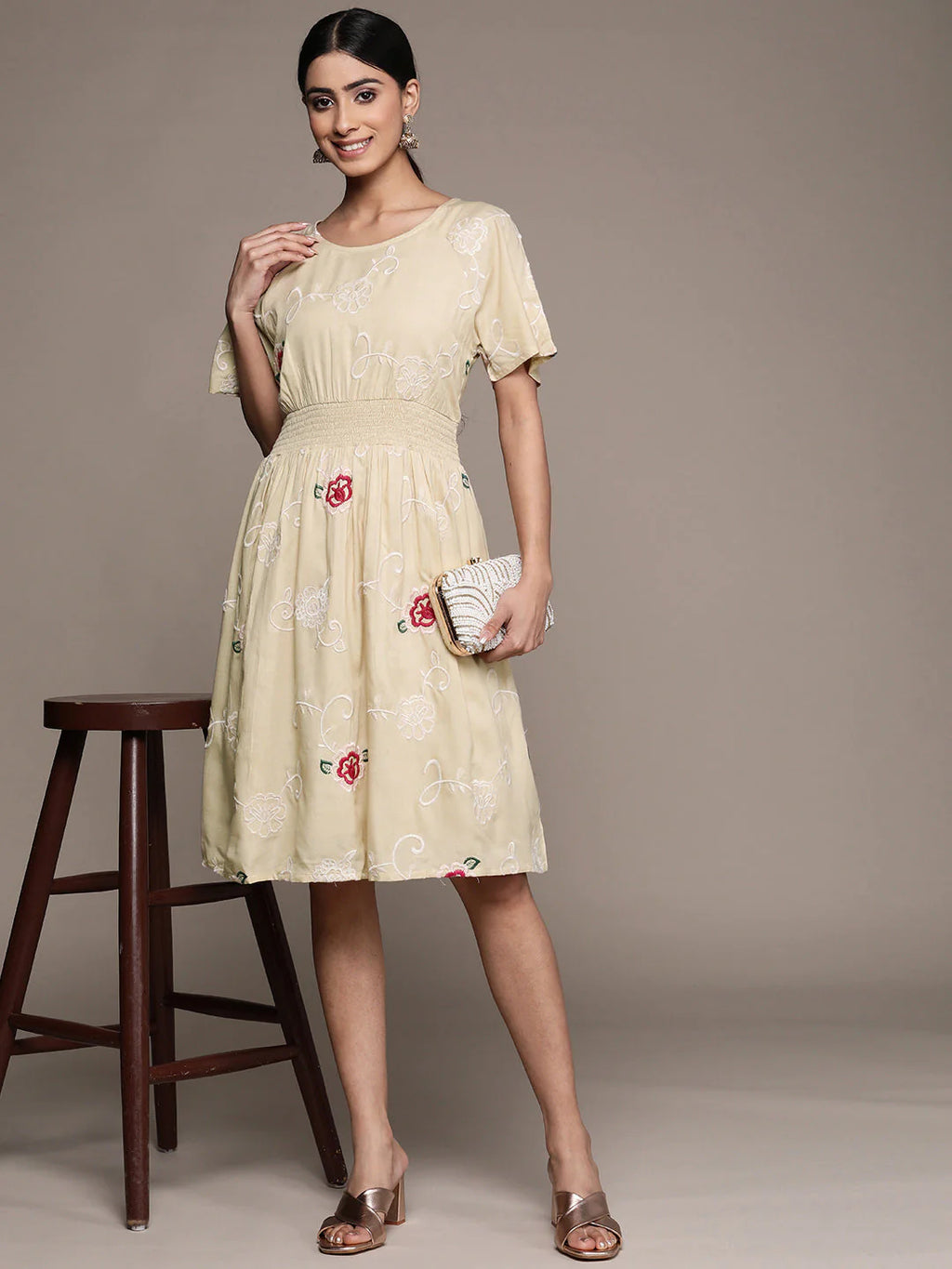 Beige Cotton Flared Embroidered Dress