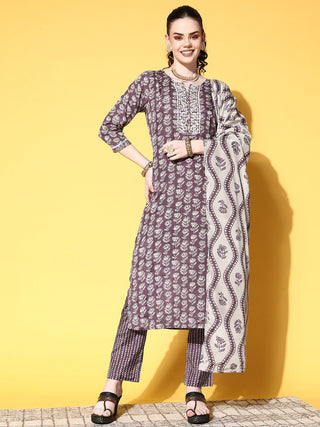 Silk Blend Purple & Beige Floral Print Suit Set with Dupatta