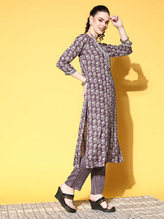 Silk Blend Purple & Beige Floral Print Suit Set with Dupatta